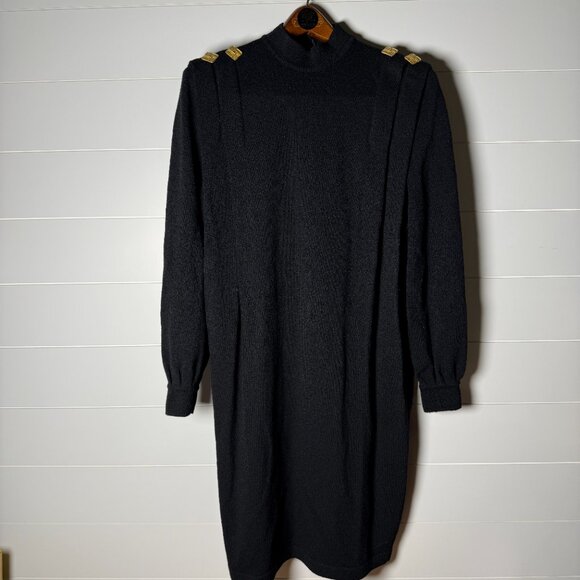 VINTAGE:  Black Sweater Dress with Gold Shoulder Buttons -Pics for Measurement - Picture 1 of 9